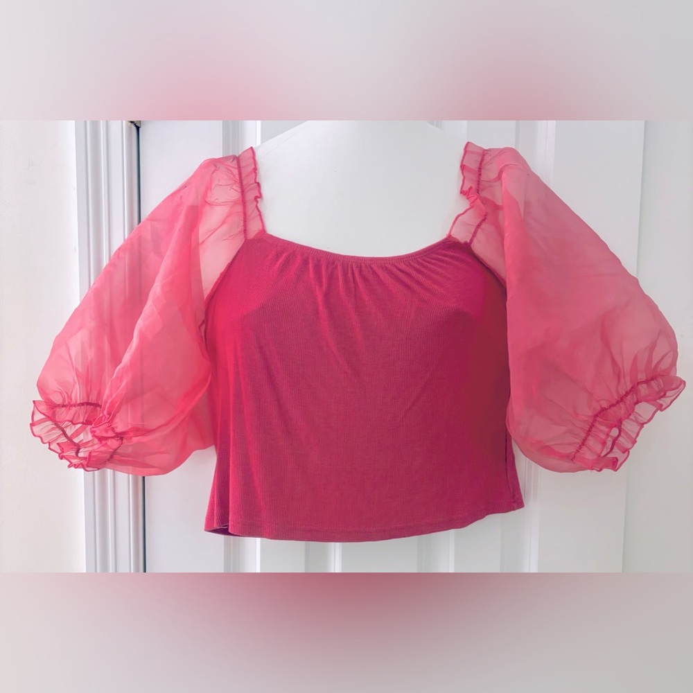 Unique 21, Top, women’s sz S, rose, sheer chiffon puff sleeve crop, GUC